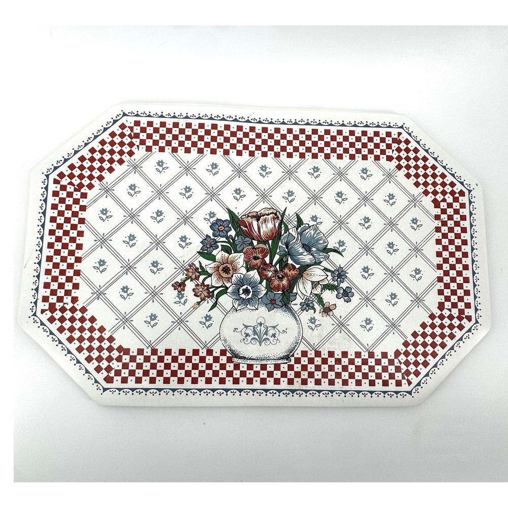 Vintage Floral Bouquet Placemats Set of 4 Red Checkered Border Country Farmhouse